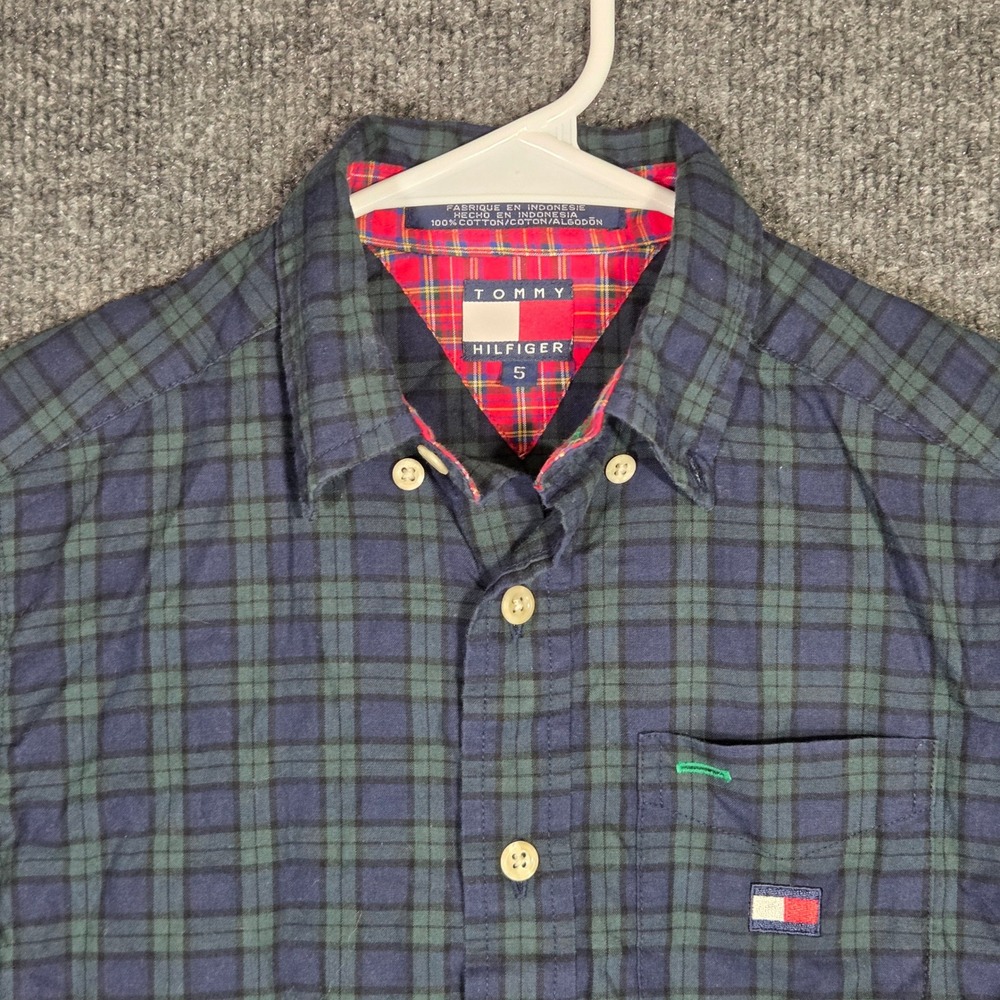 Tommy Hilfiger Boys Size 5 Plaid Button Down Shirt Navy Green Long Sleeve Cotton